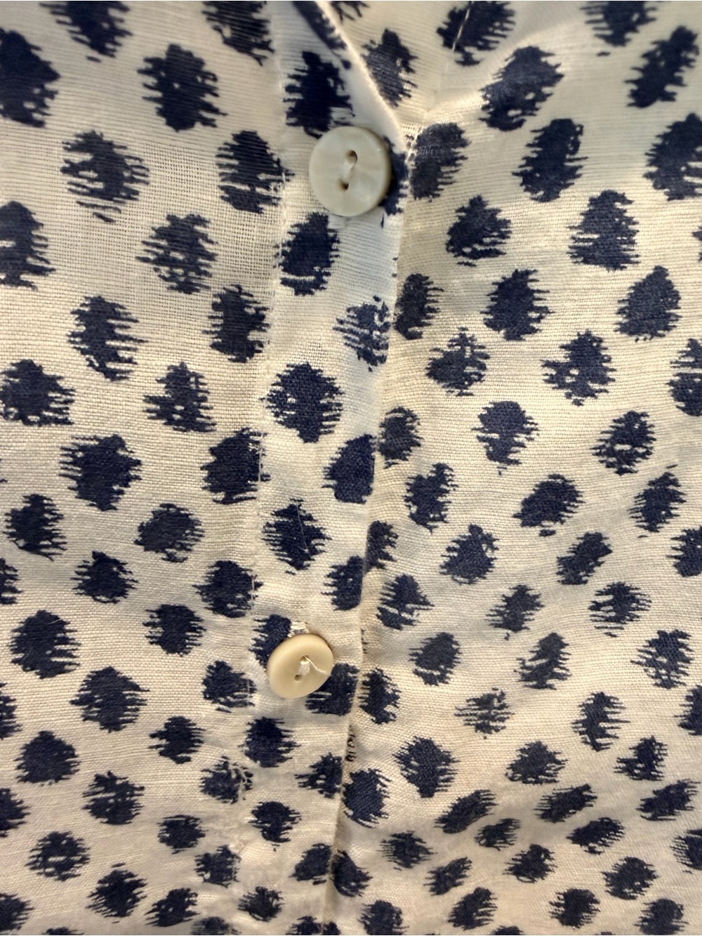 Hester & Orchard Linen Blend Button Front Blouse Small Navy White Print Top - Picture 2 of 9